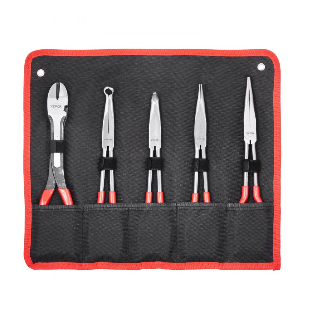 VEVOR 5-Piece Needle Nose Pliers, 11 in Long Needle Nose Pliers Set, Diagonal Cutting Pliers, 45°/ 90° Bent Nose Plier, Round Nose Plier, Long Nose Plier, Professional Pliers Set with Storage Bag