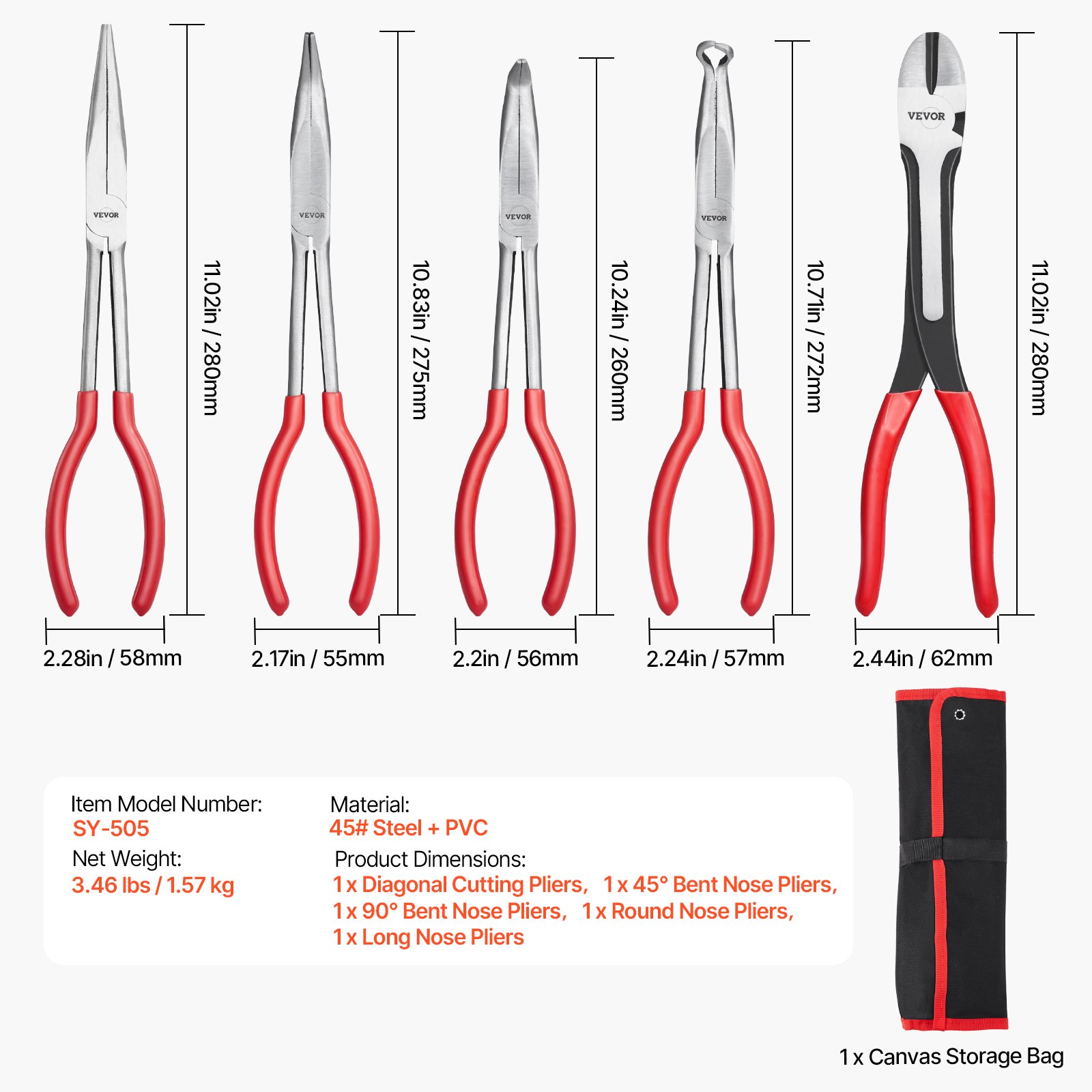 VEVOR 5-Piece Needle Nose Pliers, 11 in Long Needle Nose Pliers Set, Diagonal Cutting Pliers, 45°/ 90° Bent Nose Plier, Round Nose Plier, Long Nose Plier, Professional Pliers Set with Storage Bag