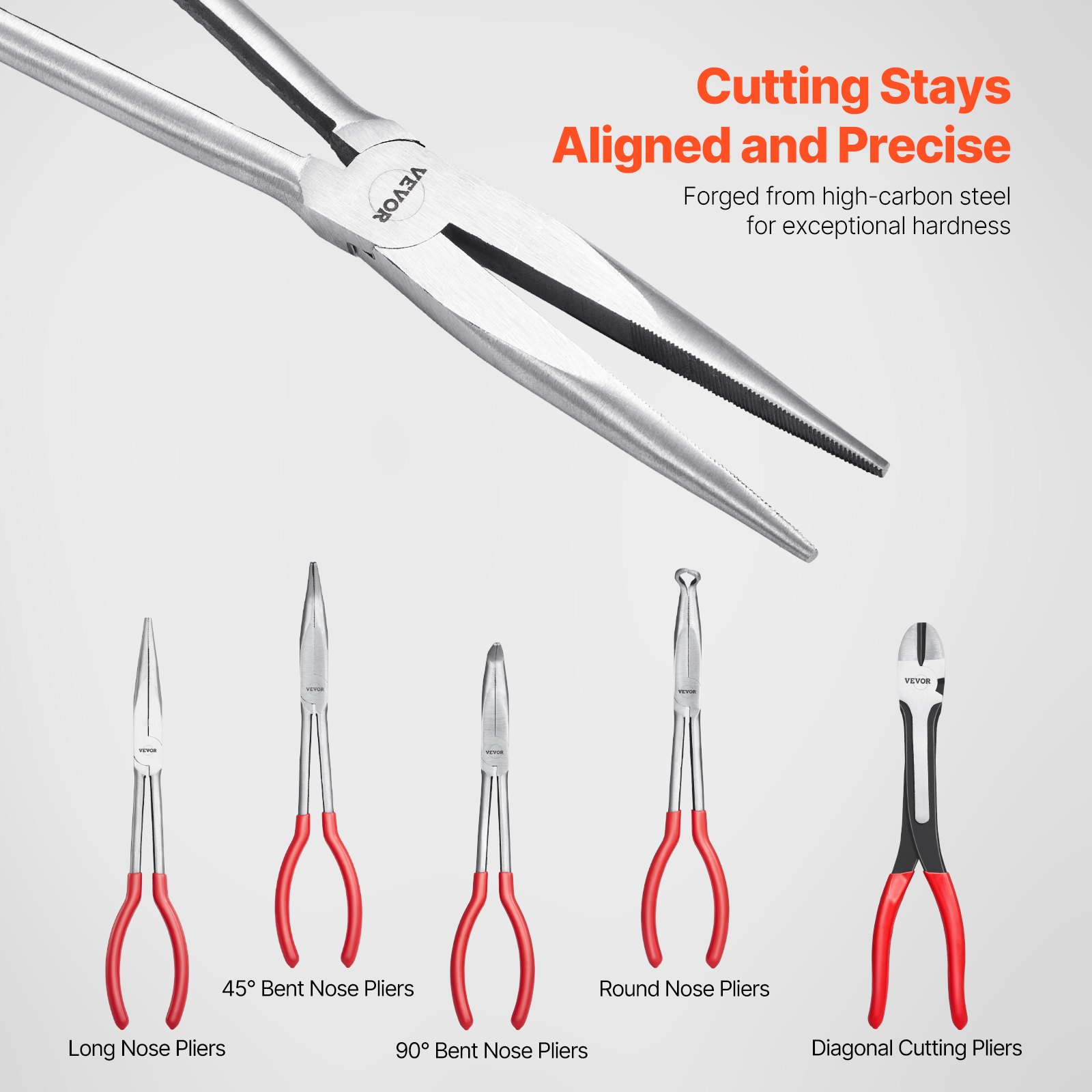 VEVOR 5-Piece Needle Nose Pliers, 11 in Long Needle Nose Pliers Set, Diagonal Cutting Pliers, 45°/ 90° Bent Nose Plier, Round Nose Plier, Long Nose Plier, Professional Pliers Set with Storage Bag