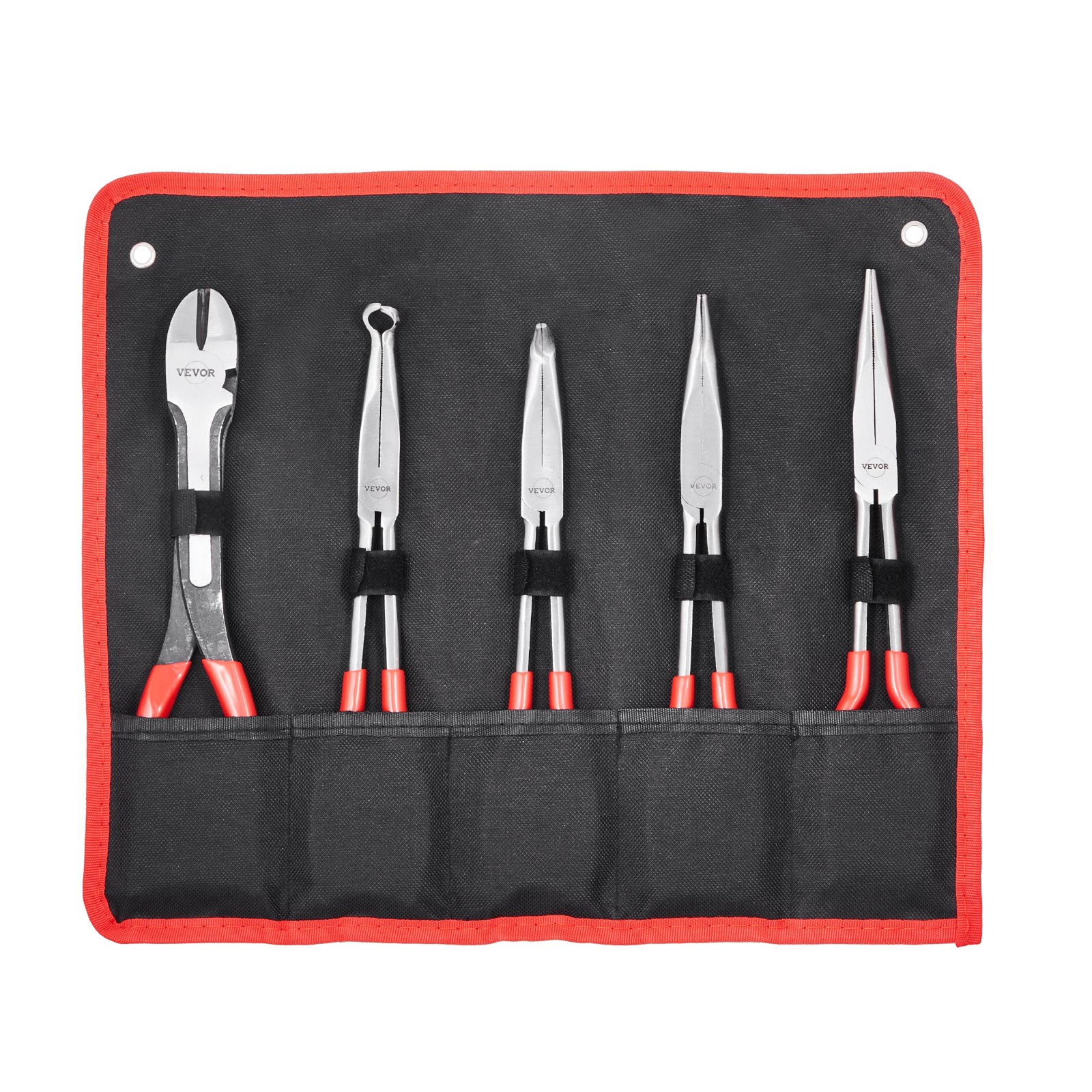 VEVOR 5-Piece Needle Nose Pliers, 11 in Long Needle Nose Pliers Set, Diagonal Cutting Pliers, 45°/ 90° Bent Nose Plier, Round Nose Plier, Long Nose Plier, Professional Pliers Set with Storage Bag