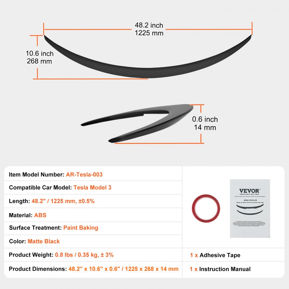 VEVOR tesla model 3 spoiler in matte black abs; 48.2 x 10.6 x 0.6 inches; with adhesive tape and manual.