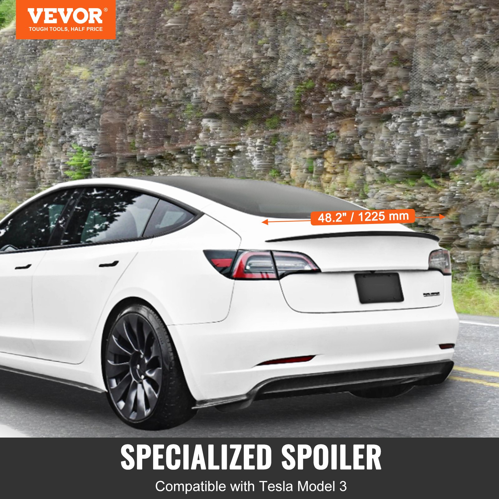 VEVOR tesla model 3 spoiler, 48.2 inches, black, installed on white tesla, mountain road background.