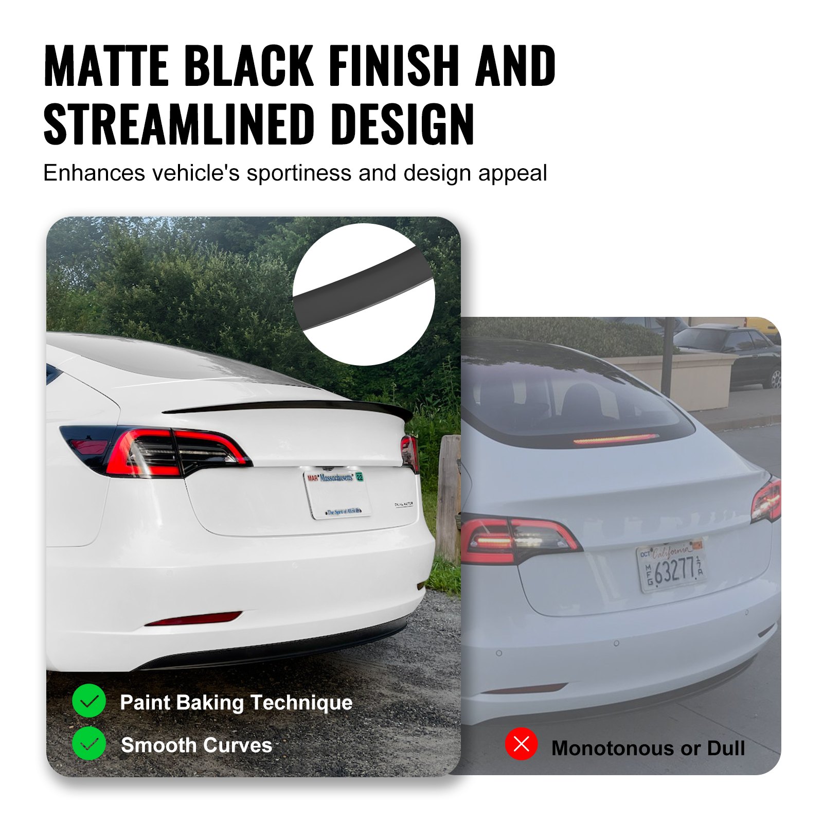 matte black VEVOR tesla model 3 spoiler enhances sportiness with smooth curves and paint baking technique.