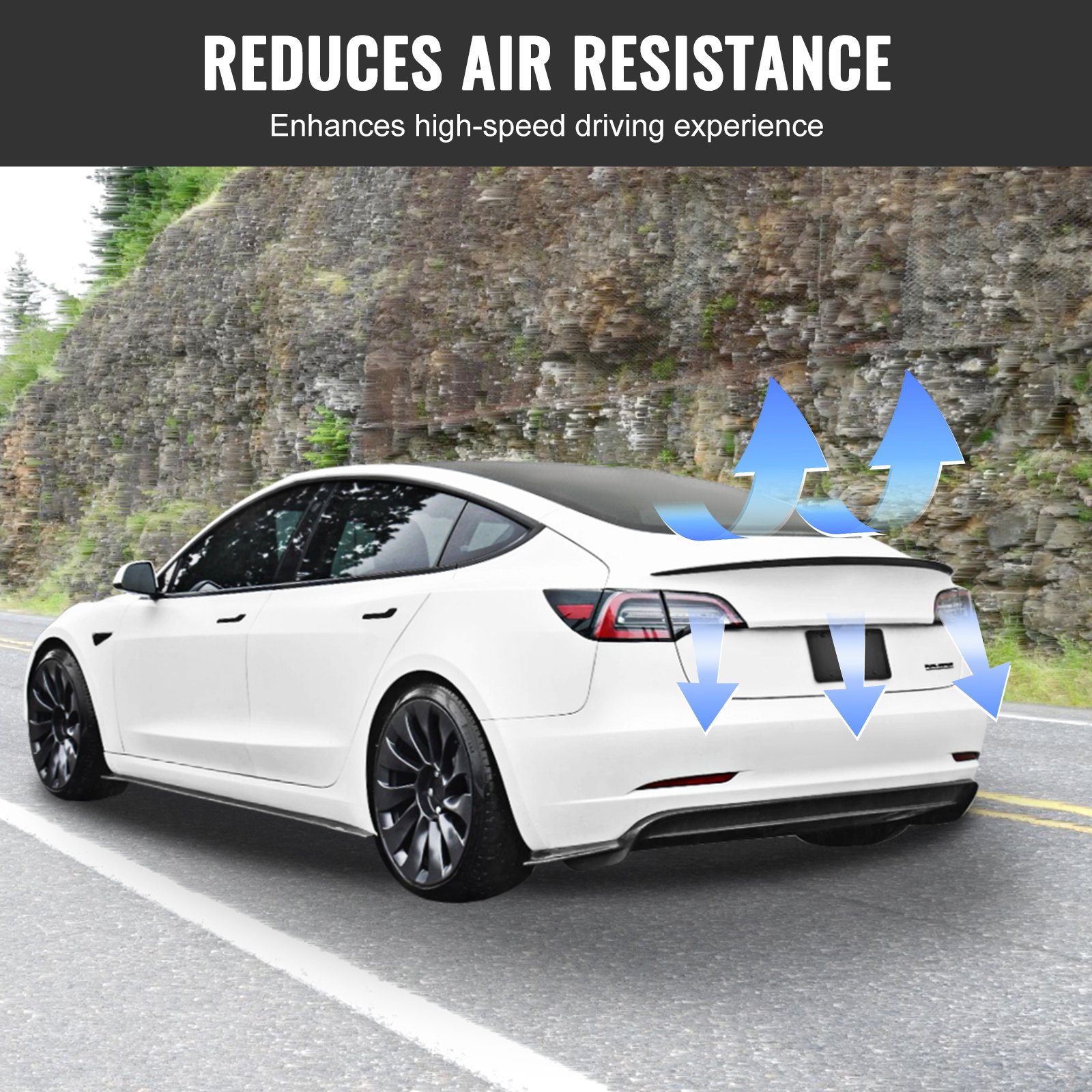 VEVOR tesla model 3 spoiler installed, reducing air resistance for enhanced high-speed driving experience.