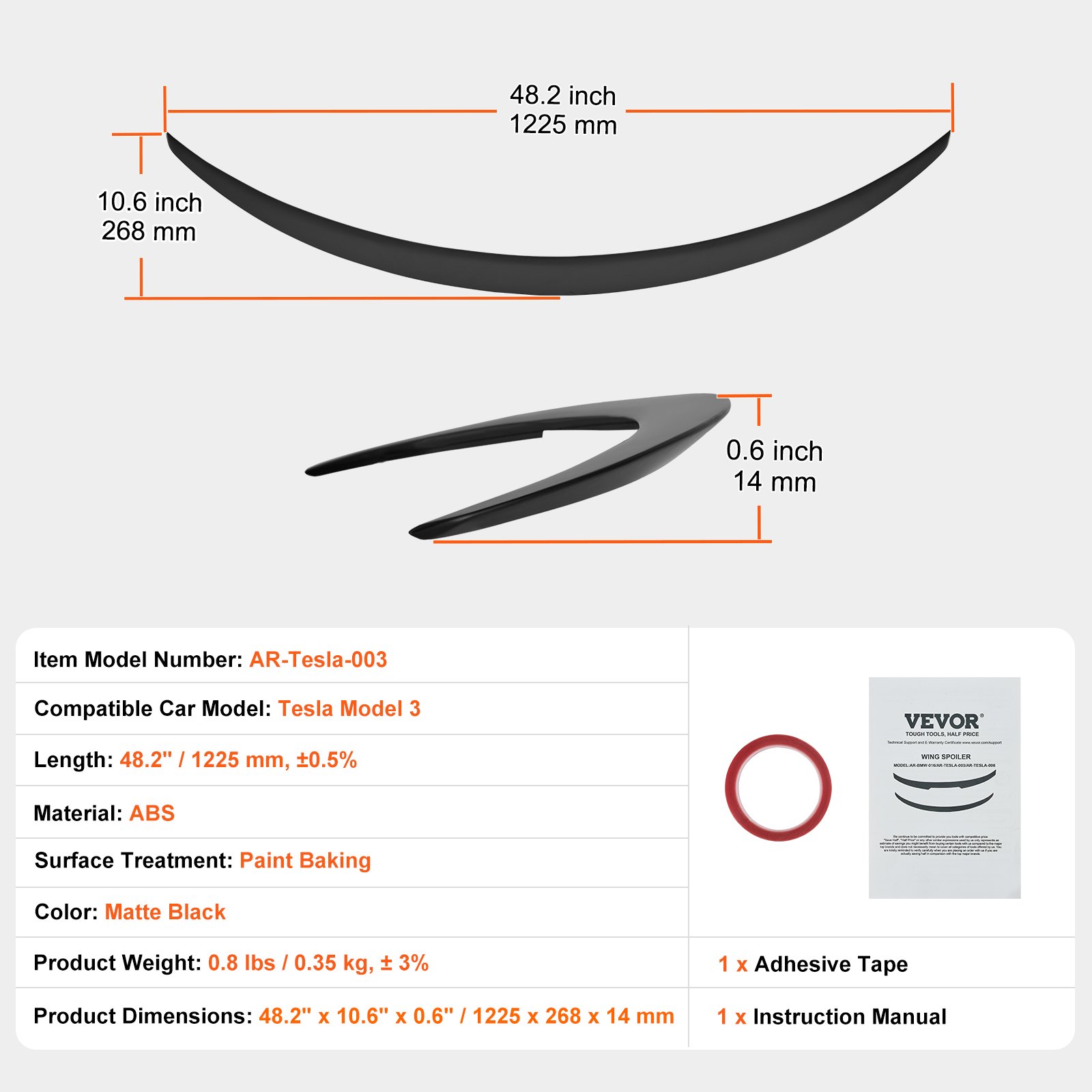 VEVOR tesla model 3 spoiler in matte black abs; 48.2 x 10.6 x 0.6 inches; with adhesive tape and manual.
