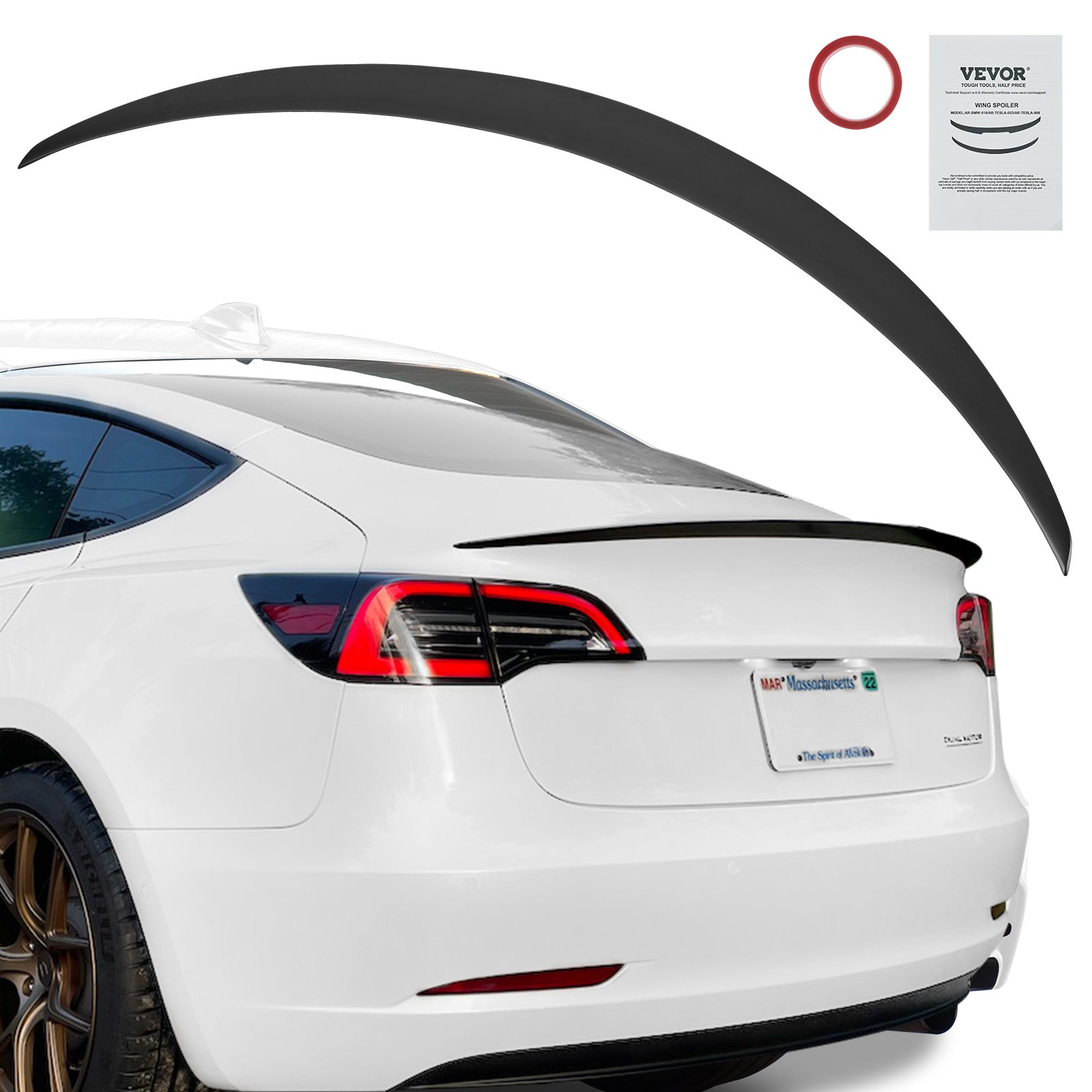 VEVOR tesla model 3 spoiler installed on a white car with kit and instructions displayed above.