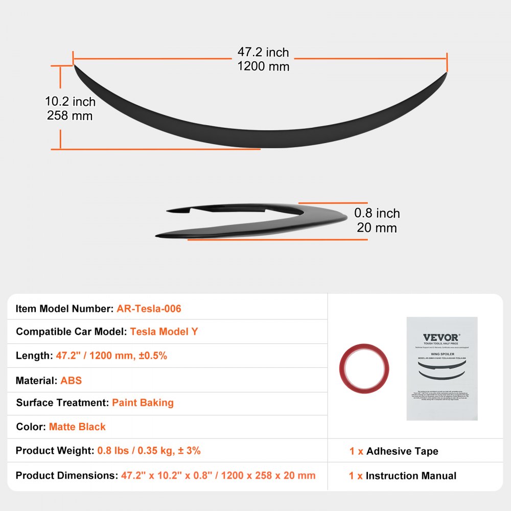 VEVOR tesla model y spoiler, matte black, abs, 47.2&quot; x 10.2&quot; x 0.8&quot;, includes adhesive tape and manual.