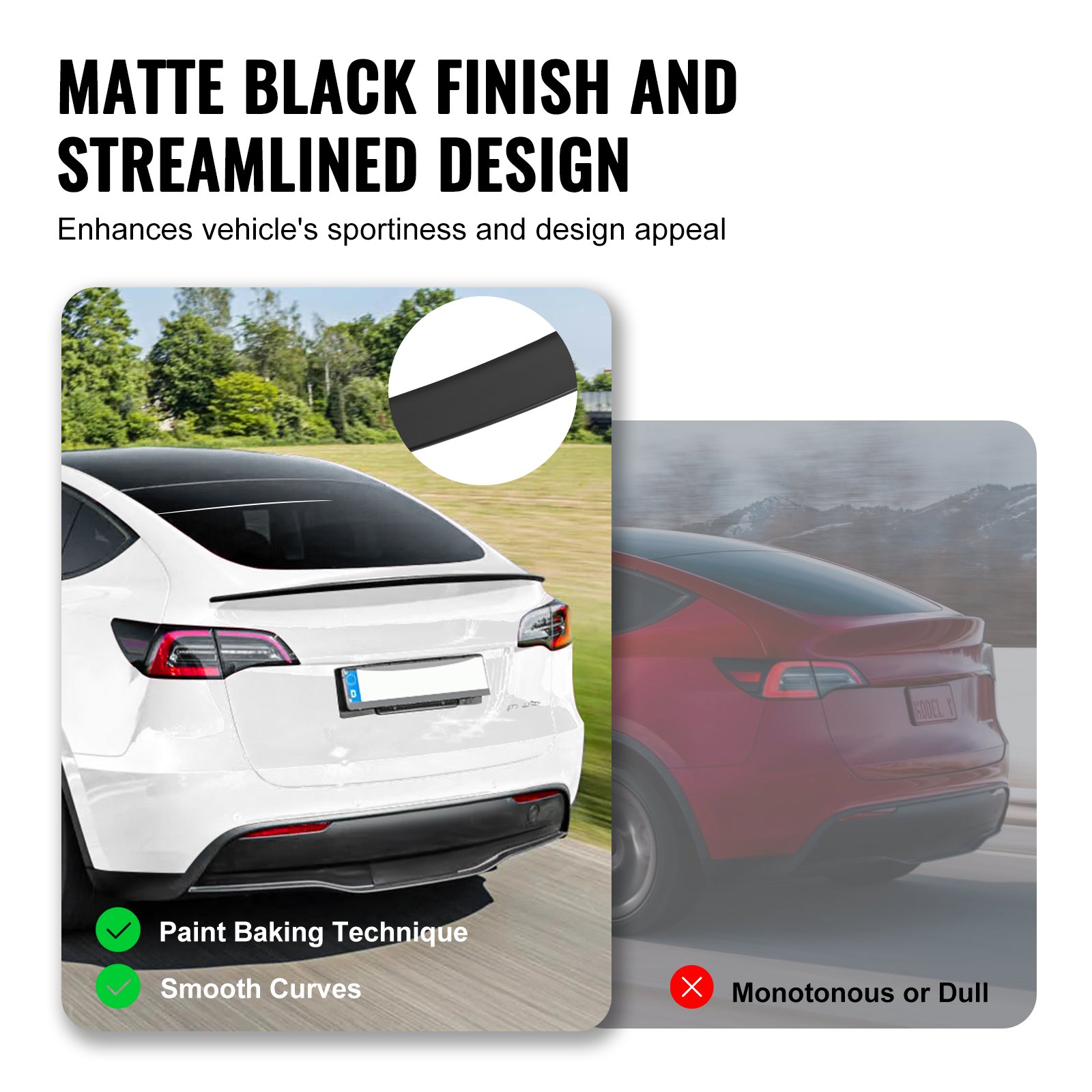 matte black VEVOR tesla model y spoiler with streamlined design enhances sportiness and appeal.
