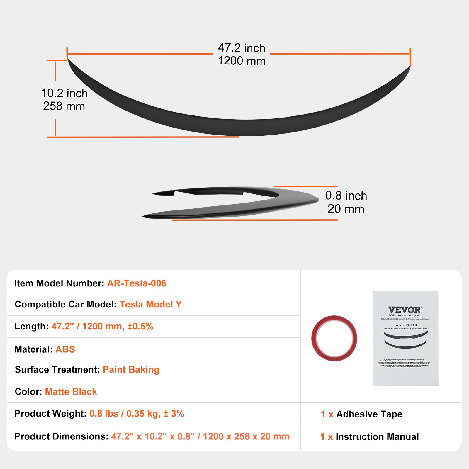 VEVOR tesla model y spoiler, matte black, abs, 47.2&quot; x 10.2&quot; x 0.8&quot;, includes adhesive tape and manual.