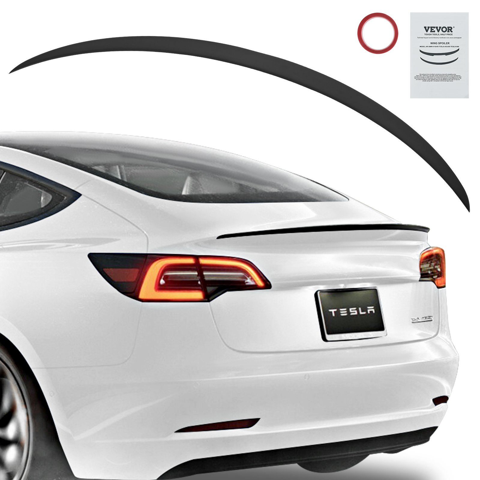 white tesla model y with VEVOR spoiler, rear view highlighting sleek design and VEVOR branding.