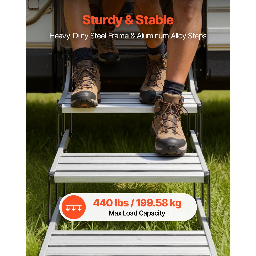 VEVOR RV Steps, 3-Step, 200 kg Load Capacity, Manual Retractable RV Stairs, Telescopic Folding Aluminum Alloy Camper Steps, Steel Frame Non-Slip Entry Stairs for Camper Van Motorhome Travel Trailer