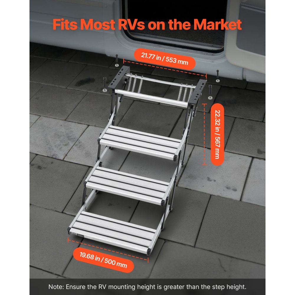 VEVOR RV Steps, 3-Step, 200 kg Load Capacity, Manual Retractable RV Stairs, Telescopic Folding Aluminum Alloy Camper Steps, Steel Frame Non-Slip Entry Stairs for Camper Van Motorhome Travel Trailer