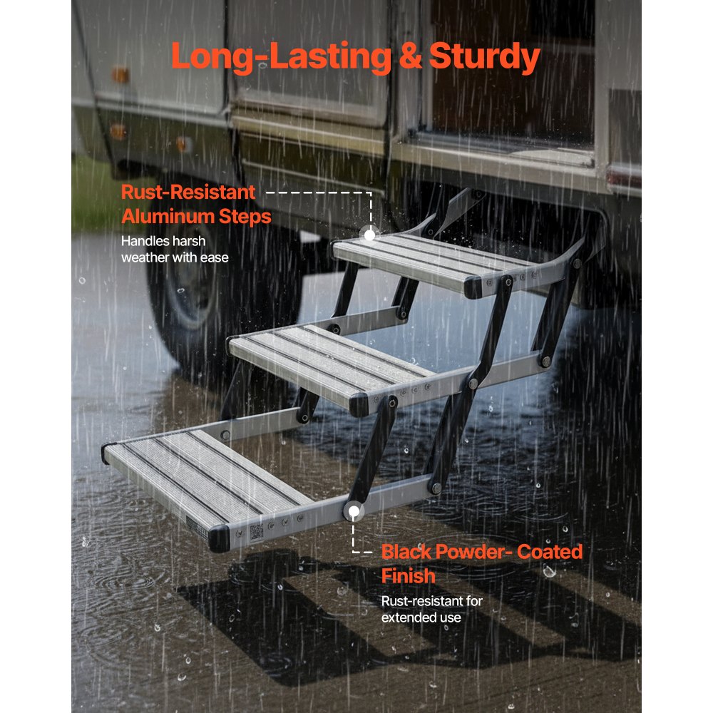 VEVOR RV Steps, 3-Step, 200 kg Load Capacity, Manual Retractable RV Stairs, Telescopic Folding Aluminum Alloy Camper Steps, Steel Frame Non-Slip Entry Stairs for Camper Van Motorhome Travel Trailer