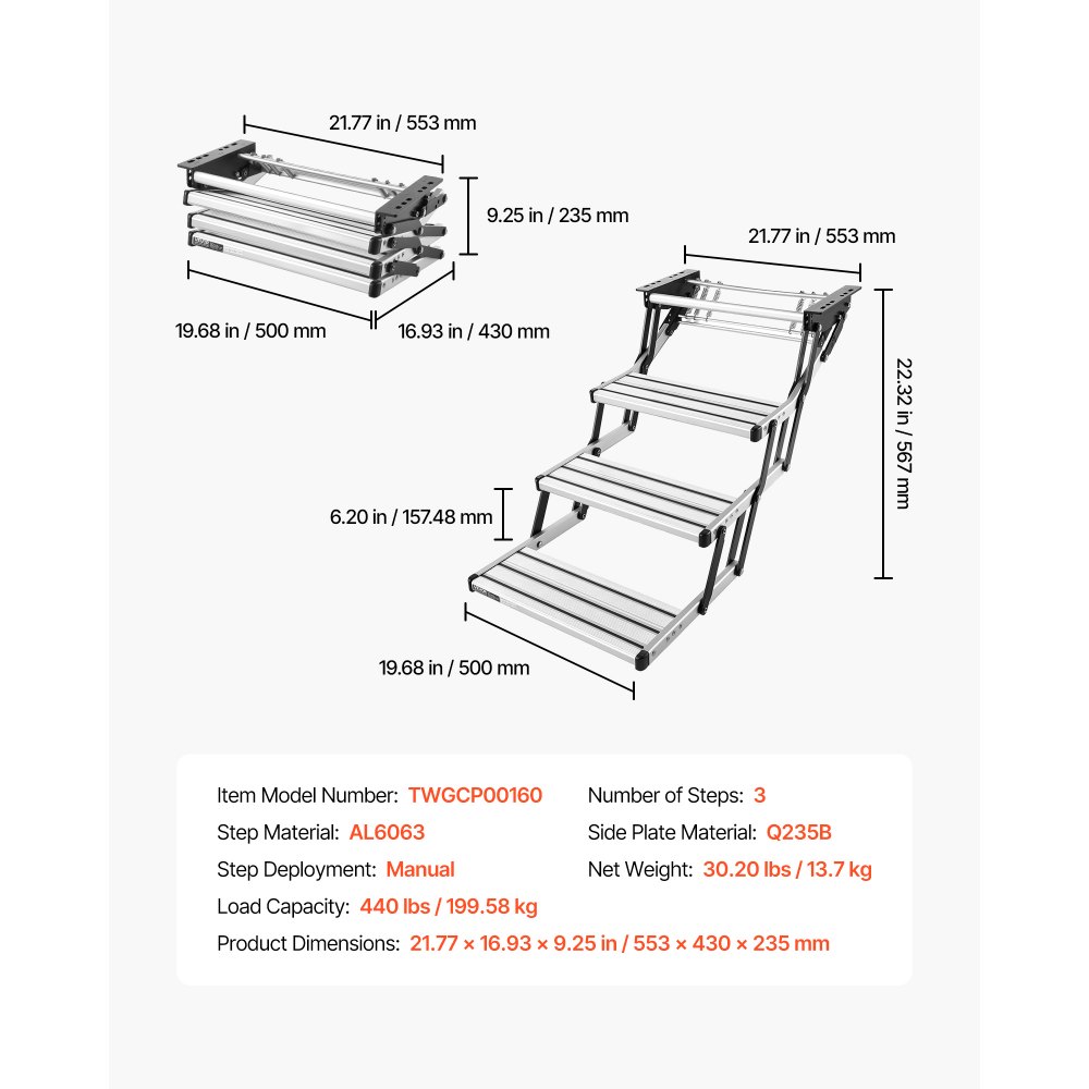 VEVOR RV Steps, 3-Step, 200 kg Load Capacity, Manual Retractable RV Stairs, Telescopic Folding Aluminum Alloy Camper Steps, Steel Frame Non-Slip Entry Stairs for Camper Van Motorhome Travel Trailer