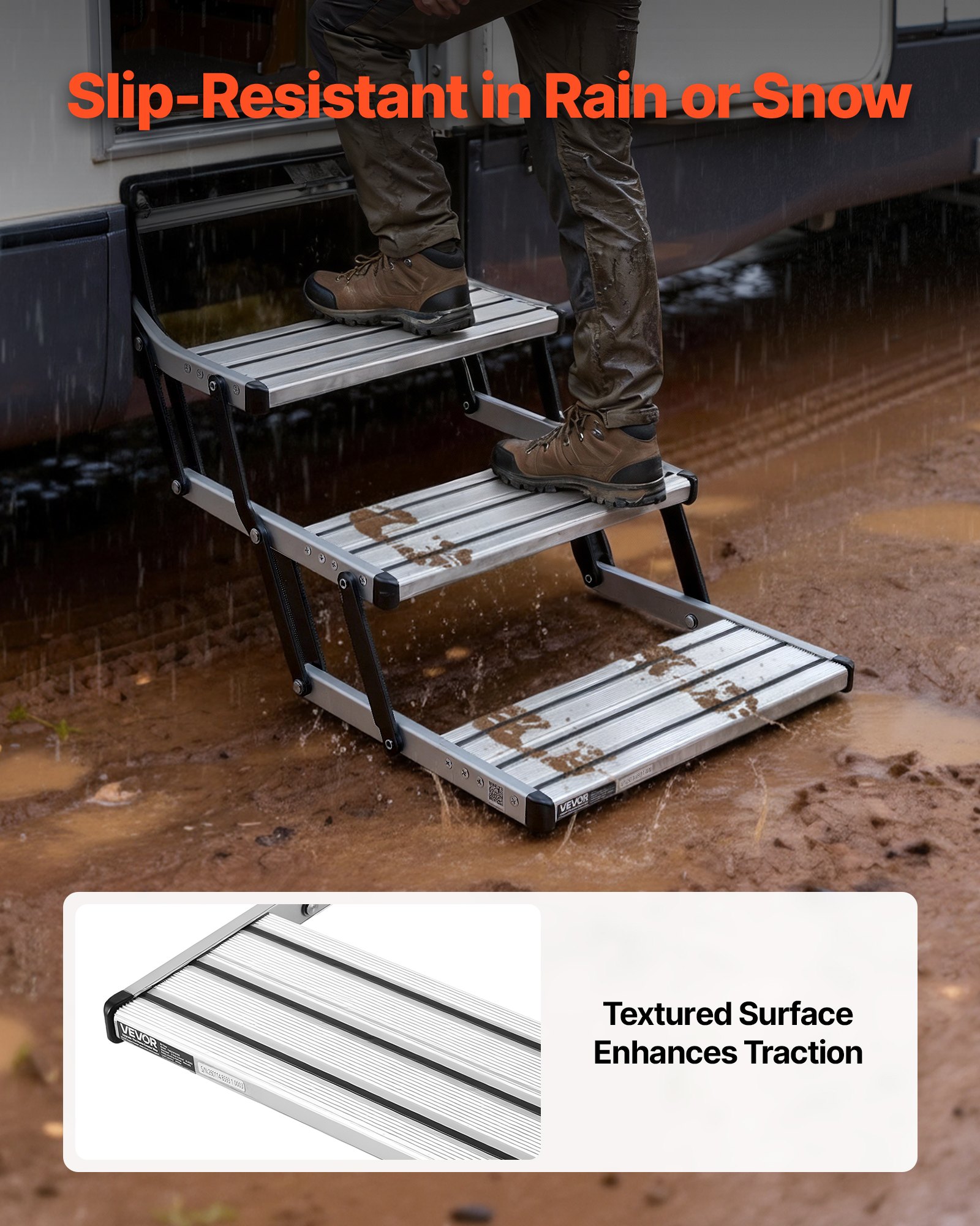 VEVOR RV Steps, 3-Step, 200 kg Load Capacity, Manual Retractable RV Stairs, Telescopic Folding Aluminum Alloy Camper Steps, Steel Frame Non-Slip Entry Stairs for Camper Van Motorhome Travel Trailer