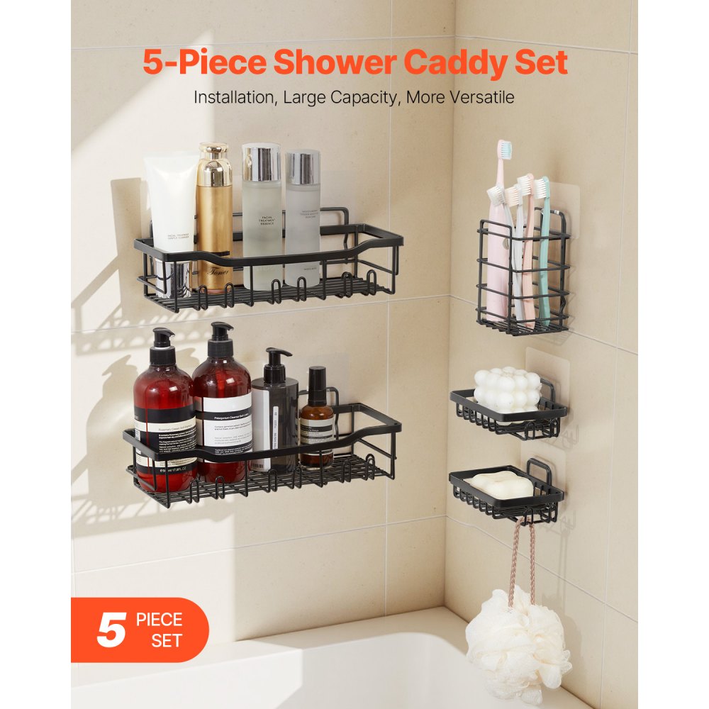 VEVOR Shower Caddy, 5 Pack Adhesive Bathroom Shower Storage Organization Shelves Rack Set, 40 lbs Large Weight Capacity, with Soap and Toothbrush Holder, No Drilling for Bathroom, Kitchen, RV/Camper