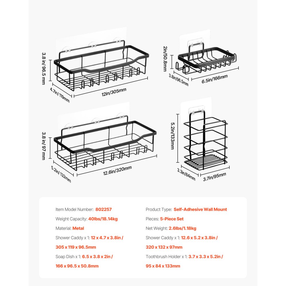 VEVOR Shower Caddy, 5 Pack Adhesive Bathroom Shower Storage Organization Shelves Rack Set, 40 lbs Large Weight Capacity, with Soap and Toothbrush Holder, No Drilling for Bathroom, Kitchen, RV/Camper
