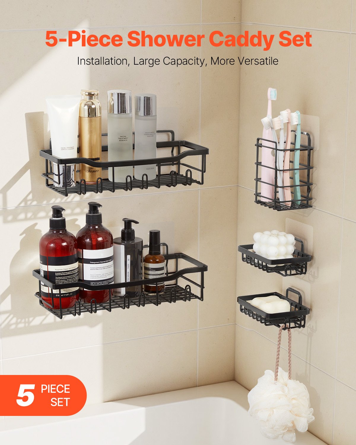 VEVOR Shower Caddy, 5 Pack Adhesive Bathroom Shower Storage Organization Shelves Rack Set, 40 lbs Large Weight Capacity, with Soap and Toothbrush Holder, No Drilling for Bathroom, Kitchen, RV/Camper