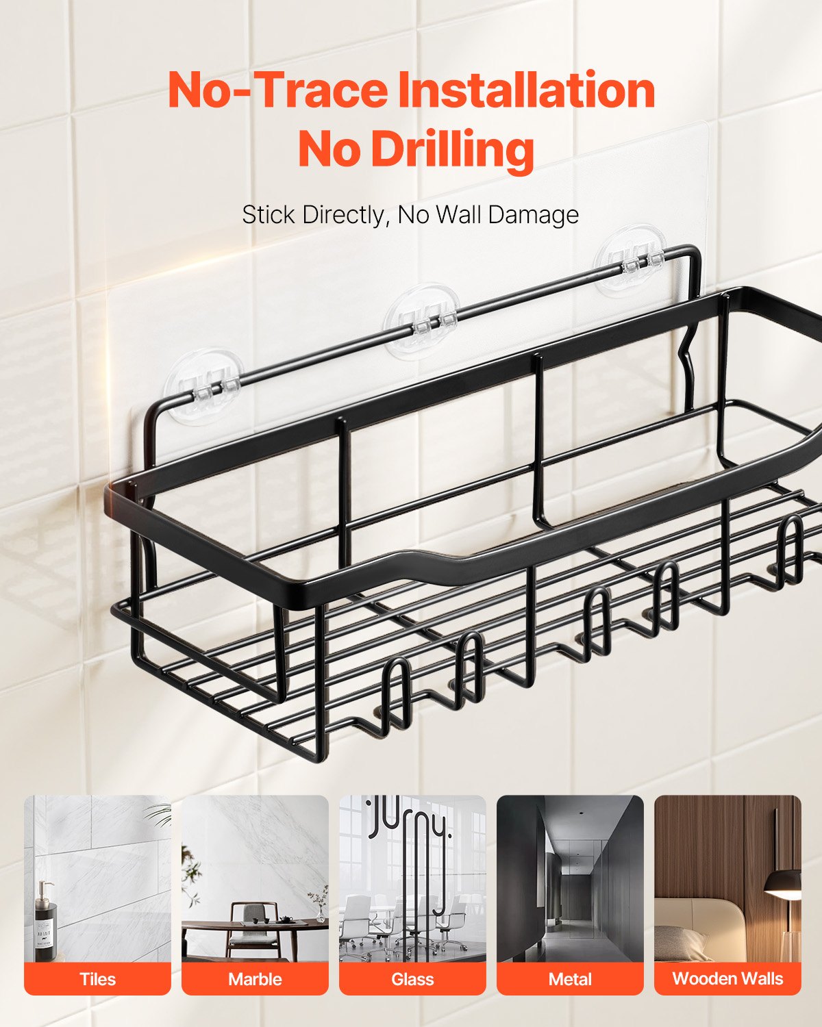 VEVOR Shower Caddy, 5 Pack Adhesive Bathroom Shower Storage Organization Shelves Rack Set, 40 lbs Large Weight Capacity, with Soap and Toothbrush Holder, No Drilling for Bathroom, Kitchen, RV/Camper