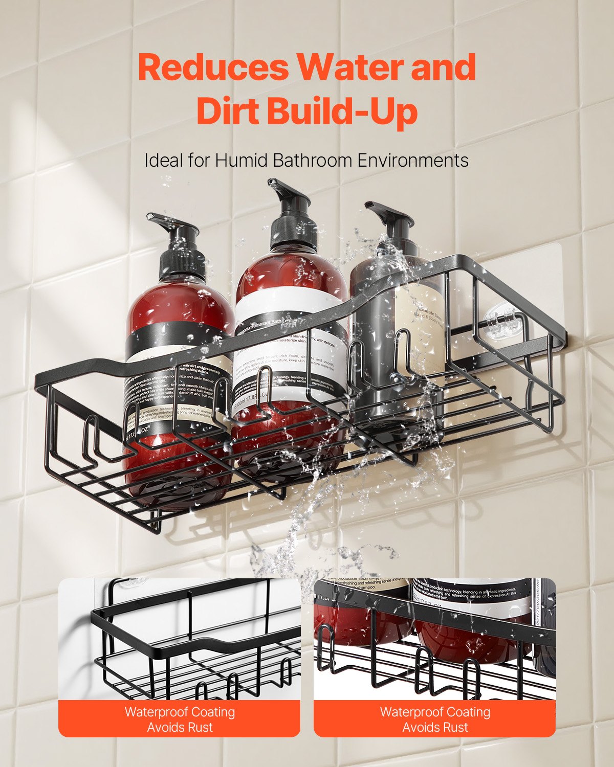 VEVOR Shower Caddy, 5 Pack Adhesive Bathroom Shower Storage Organization Shelves Rack Set, 40 lbs Large Weight Capacity, with Soap and Toothbrush Holder, No Drilling for Bathroom, Kitchen, RV/Camper