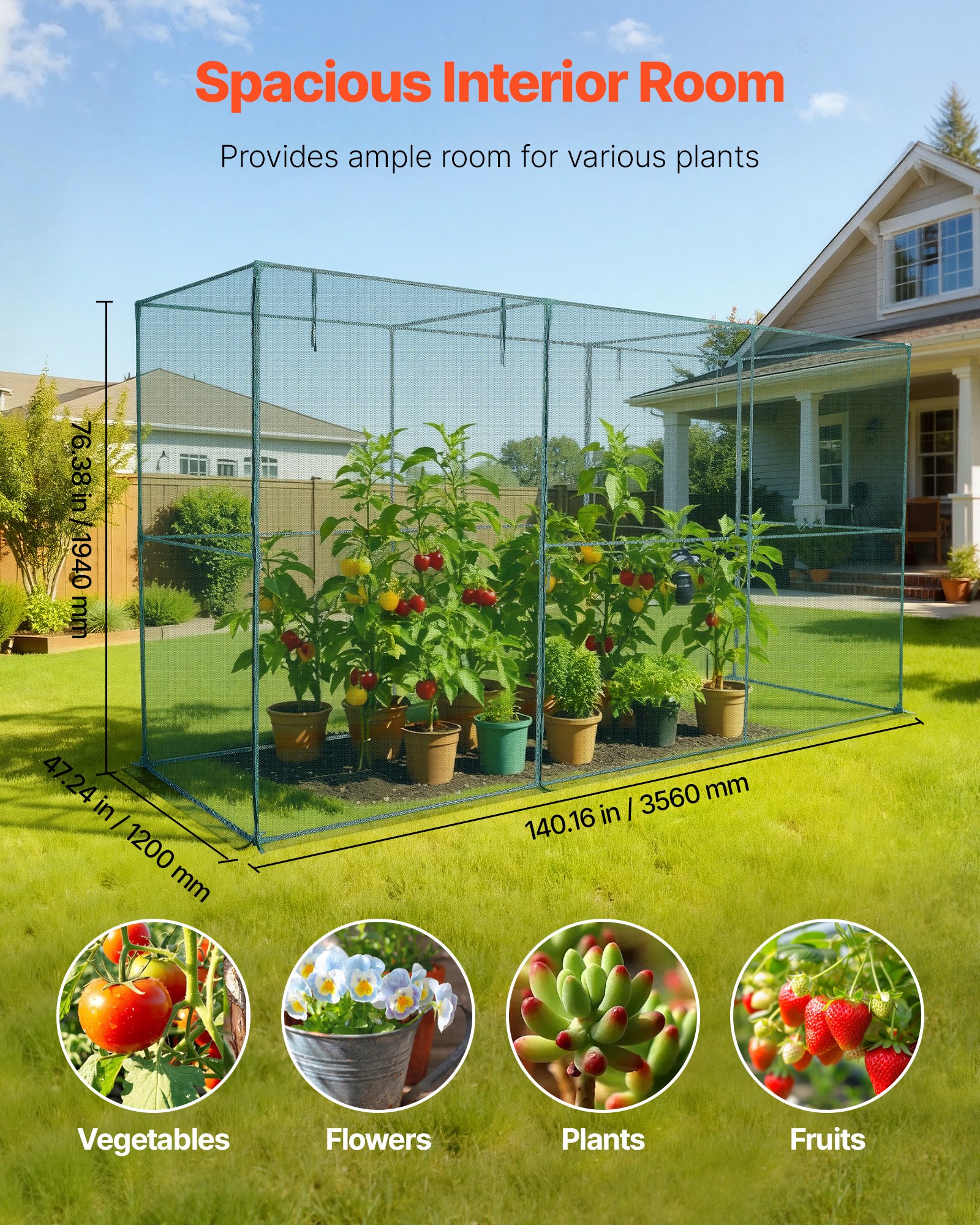 VEVOR Crop Cage, 3.56 x 1.2 x 1.94 m Plant Protection Tent with Zippered Door, Wind-Resistant Tall Crop Cage, Easy to Install, Outdoor Raised Bed Cover, Tomato Plant Netting for Garden Patio Lawn