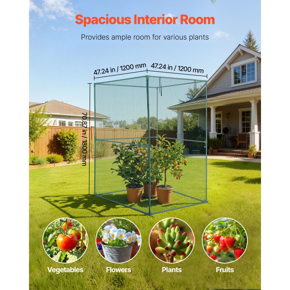 VEVOR Crop Cage, 1.2 x 1.2 x 1.8 m Plant Protection Tent with Zippered Door, Wind-Resistant Tall Crop Cage, Easy to Install, Outdoor Raised Bed Cover, Tomato Plant Netting for Garden Patio Lawn