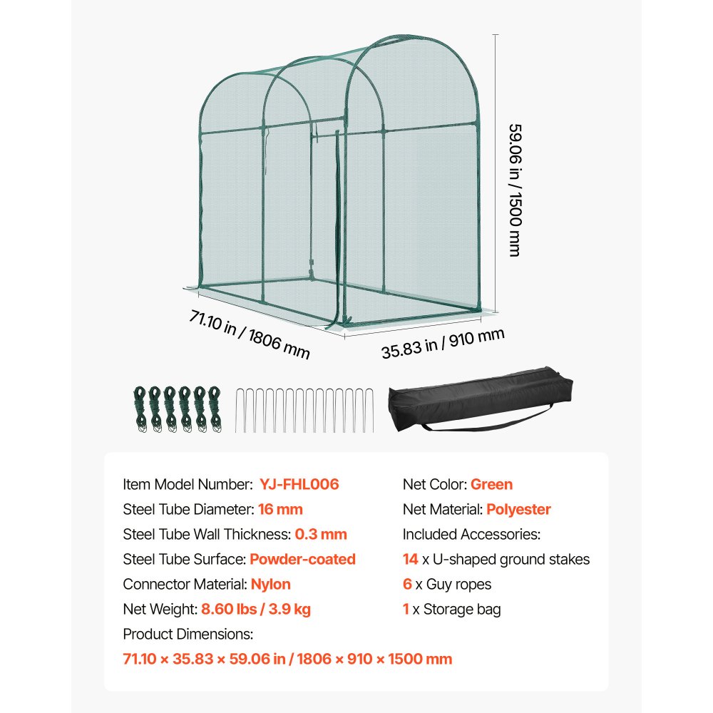 VEVOR Crop Cage, 1.8 x 0.91 x 1.5 m Plant Protection Tent with Zippered Door, Wind-Resistant Tall Crop Cage, Easy to Install, Outdoor Raised Bed Cover with Frame, Plant Netting for Garden Patio Lawn