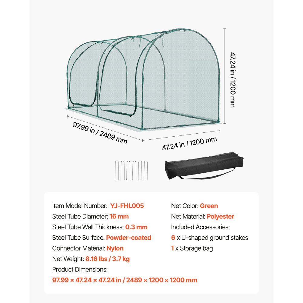 VEVOR Crop Cage, 2.48 x 1.2 x 1.2 m Plant Protection Tent with Zippered Door, Wind-Resistant Tall Crop Cage, Easy to Install, Outdoor Raised Bed Cover with Frame, Plant Netting for Garden Patio Lawn