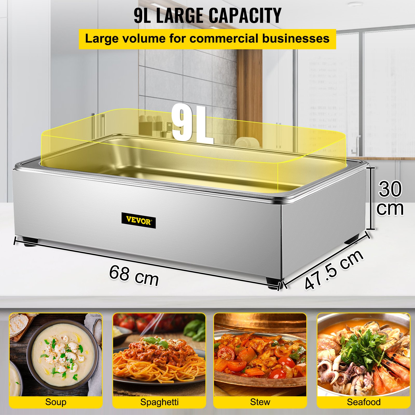 VEVOR Commercial Food Warmer, 9.5 Quart Electric Soup Warmers, Full-Size 1 Pot Steam Table with Lid, Grade Stainless Steel Bain Marie Buffet Equipment, Fits 21 x 13.2 Pan, 400W, for Restaurant, Sliver