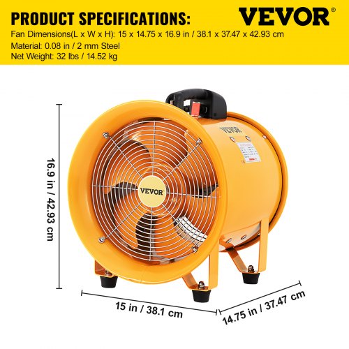 VEVOR Utility Blower Fan 12 Inches, 500W 2296 CFM High Velocity Portable Ventilation Fan, 2920 RPM Heavy Duty Cylinder Fan Fume Extractor for Exhausting & Ventilating at Home and Job Site, UL Listed