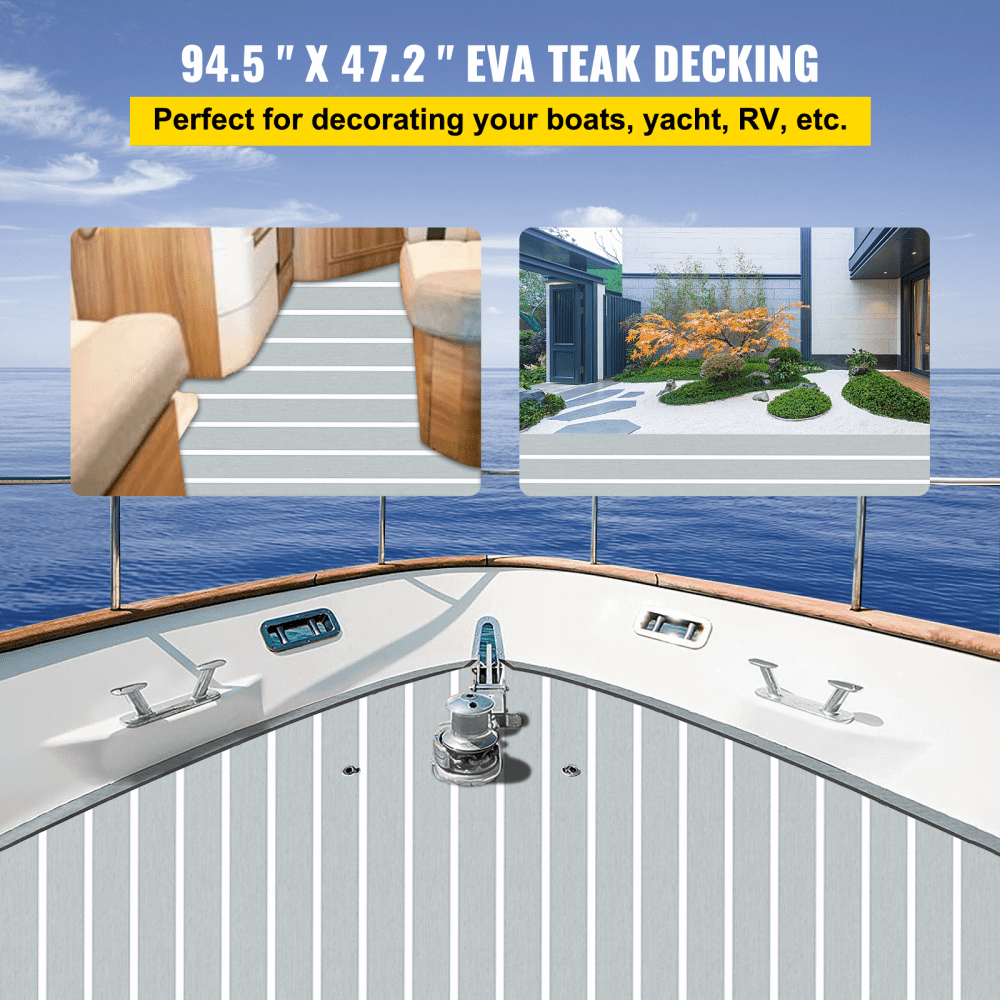 VEVOR EVA Foam Faux Teak Boat Decking Sheet 94.5 X 47.2 Inch 5MM Thick Non-Skid Self-Adhesive for Marine Yacht RV Swimming Pool Garden Boat Flooring Sheet (Grey + White Seam, 94.5" x 47.2")
