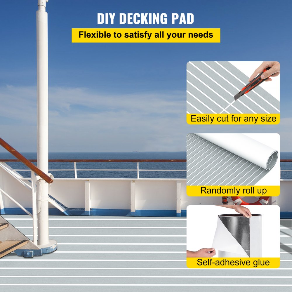 VEVOR EVA Foam Faux Teak Boat Decking Sheet 94.5 X 47.2 Inch 5MM Thick Non-Skid Self-Adhesive for Marine Yacht RV Swimming Pool Garden Boat Flooring Sheet (Grey + White Seam, 94.5" x 47.2")