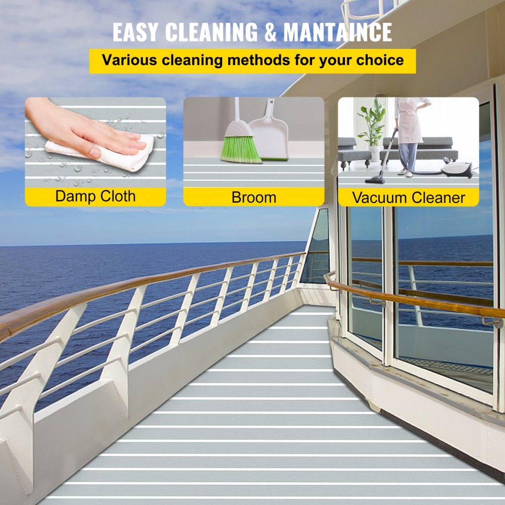 VEVOR EVA Foam Faux Teak Boat Decking Sheet 94.5 X 47.2 Inch 5MM Thick Non-Skid Self-Adhesive for Marine Yacht RV Swimming Pool Garden Boat Flooring Sheet (Grey + White Seam, 94.5" x 47.2")