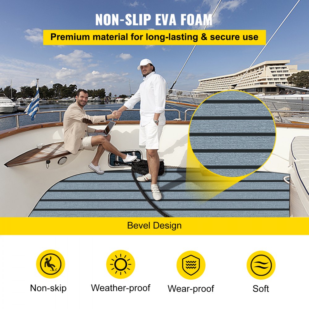 VEVOR EVA Foam Faux Teak Boat Decking Sheet 94.5 X 47.2 Inch 5MM Thick Non-Skid Self-Adhesive for Marine Yacht RV Swimming Pool Garden Boat Flooring Sheet (Dark Grey+Black Seam, 94.5" x 47.2")