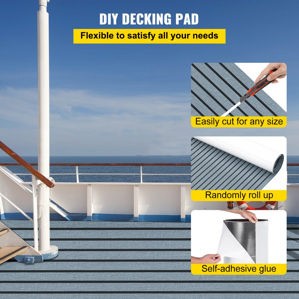 VEVOR EVA Foam Faux Teak Boat Decking Sheet 94.5 X 47.2 Inch 5MM Thick Non-Skid Self-Adhesive for Marine Yacht RV Swimming Pool Garden Boat Flooring Sheet (Dark Grey+Black Seam, 94.5" x 47.2")