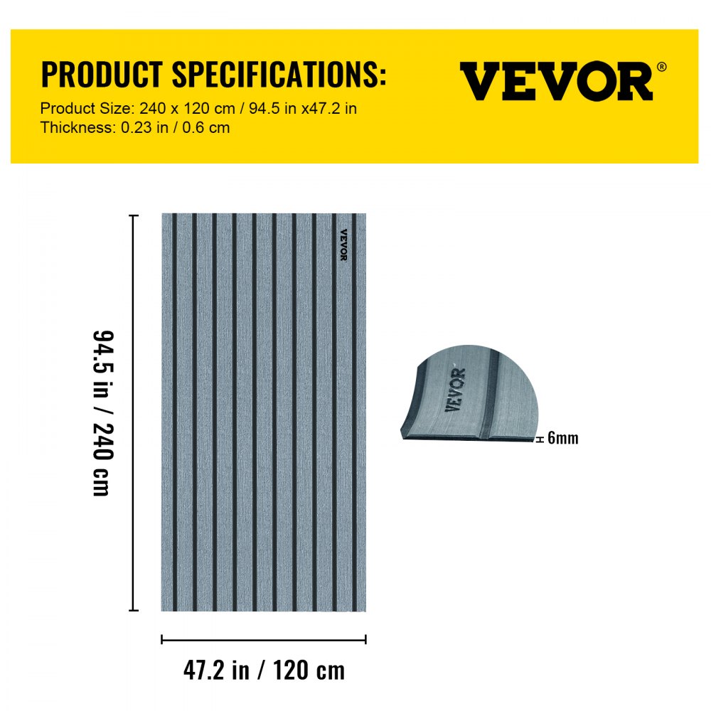 VEVOR EVA Foam Faux Teak Boat Decking Sheet 94.5 X 47.2 Inch 5MM Thick Non-Skid Self-Adhesive for Marine Yacht RV Swimming Pool Garden Boat Flooring Sheet (Dark Grey+Black Seam, 94.5" x 47.2")