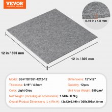 VEVOR Carpet Tiles Peel and Stick, 12” x 12” Squares Self Adhesive Carpet Floor Tile, Soft Padded Carpet Tiles, Easy Install DIY for Bedroom Living Room Indoor Outdoor (12 Tiles, Light Gray)