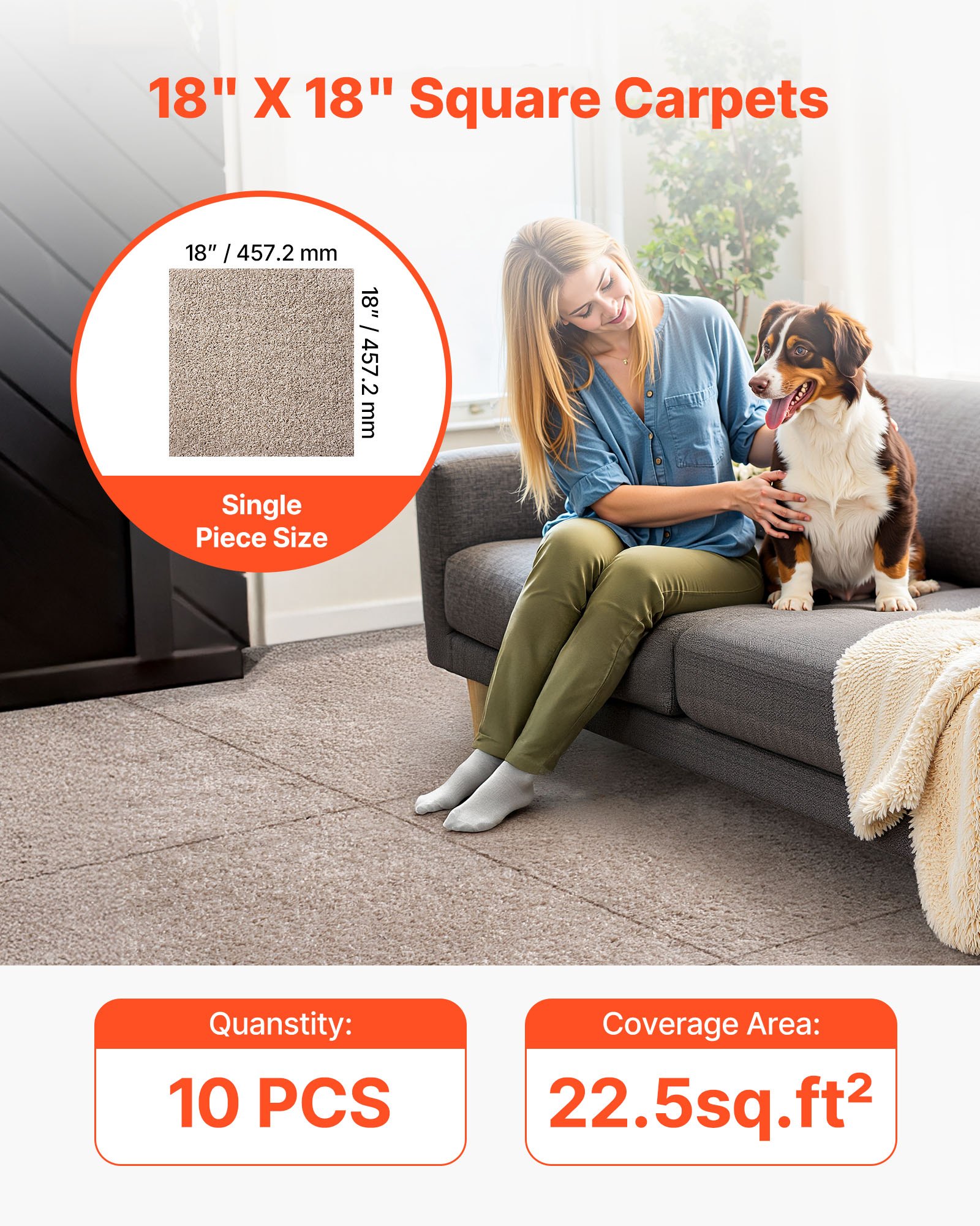 VEVOR Carpet Tiles 18x18 inch, 10 Pack Carpet Square Rug Detachable & Damage-free, Self Adhesive Home Floor Soft Plush Padded for 22.5sq.ft Coverage, Easy DIY for Living Room & Bedroom, Light Brown