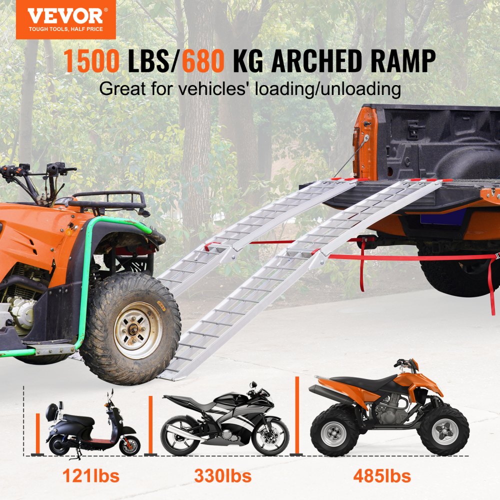 VEVOR Aluminum Ramps, 1500 lbs Folding Loading Ramps for Pickup Trucks Bed, Trailers Ramp with Load Straps for Dirt Bike, UTV, ATV, Trucks, Lawn Mowers, Snowblower, Cargo Trailer, 89"L x 12"W, 2 Pcs