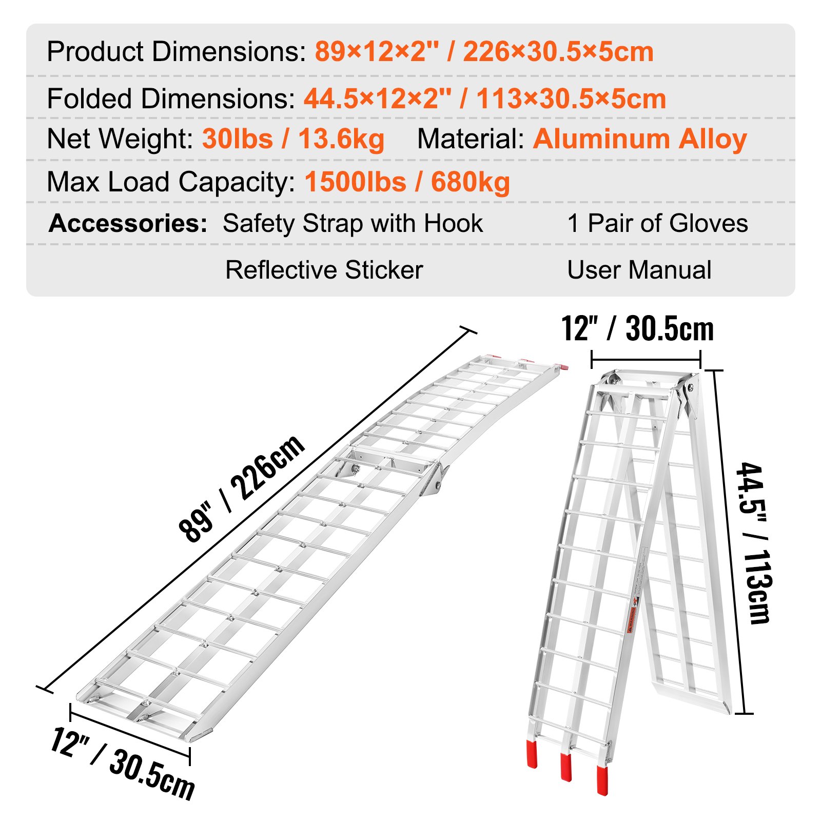 VEVOR Aluminum Ramps, 1500 lbs Folding Loading Ramps for Pickup Trucks Bed, Trailers Ramp with Load Straps for Dirt Bike, UTV, ATV, Trucks, Lawn Mowers, Snowblower, Cargo Trailer, 89"L x 12"W, 2 Pcs