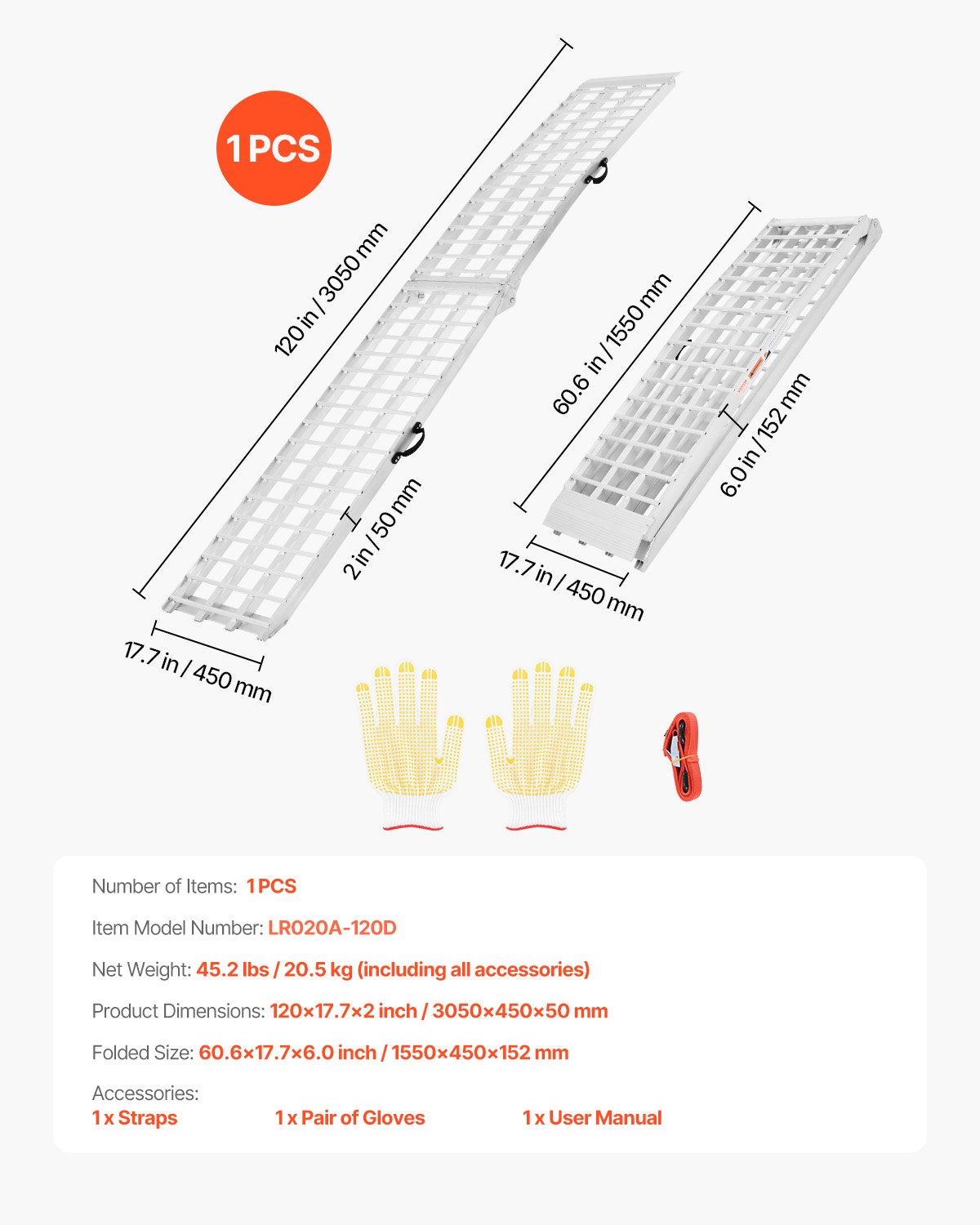 VEVOR Aluminum Ramps, 680 kg, 1Pcs Heavy-duty Ramps with Wider Ramp Surface, Universal Stable Loading Ramp with Handles, Fit for Motorcycle, Electric Bicycle, Bicycle, etc.