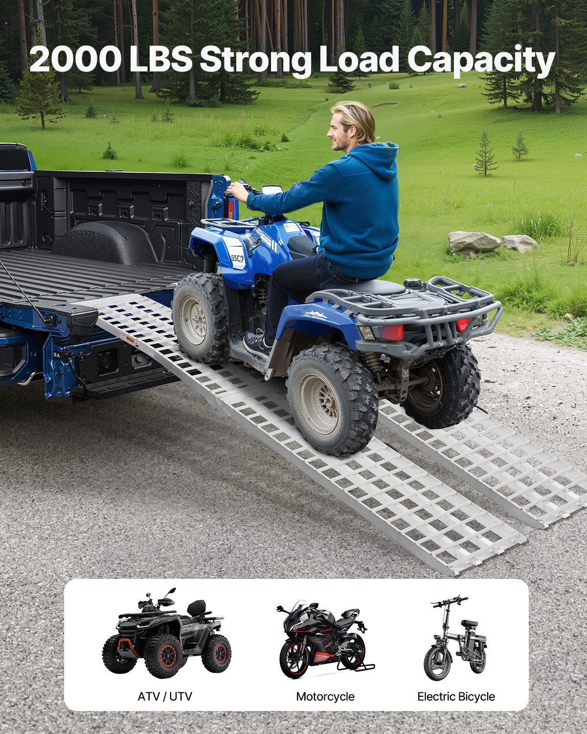 VEVOR Aluminum Ramps, 2000 lbs, 2Pcs Heavy-duty Ramps with Wider Ramp Surface, Universal Stable Loading Ramp with Handles, Fit for ATV, UTV, Motorcycle, Electric Bicycle, etc.