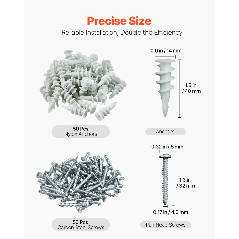 VEVOR Self Drilling Drywall Anchors, 100 PCS Dry Wall Anchors and Screws, Drywall Anchors Kit with Screws, No Drill Hole Required Nylon Plastic Wall Anchors and Heavy Duty Metal Screws, for Drywall
