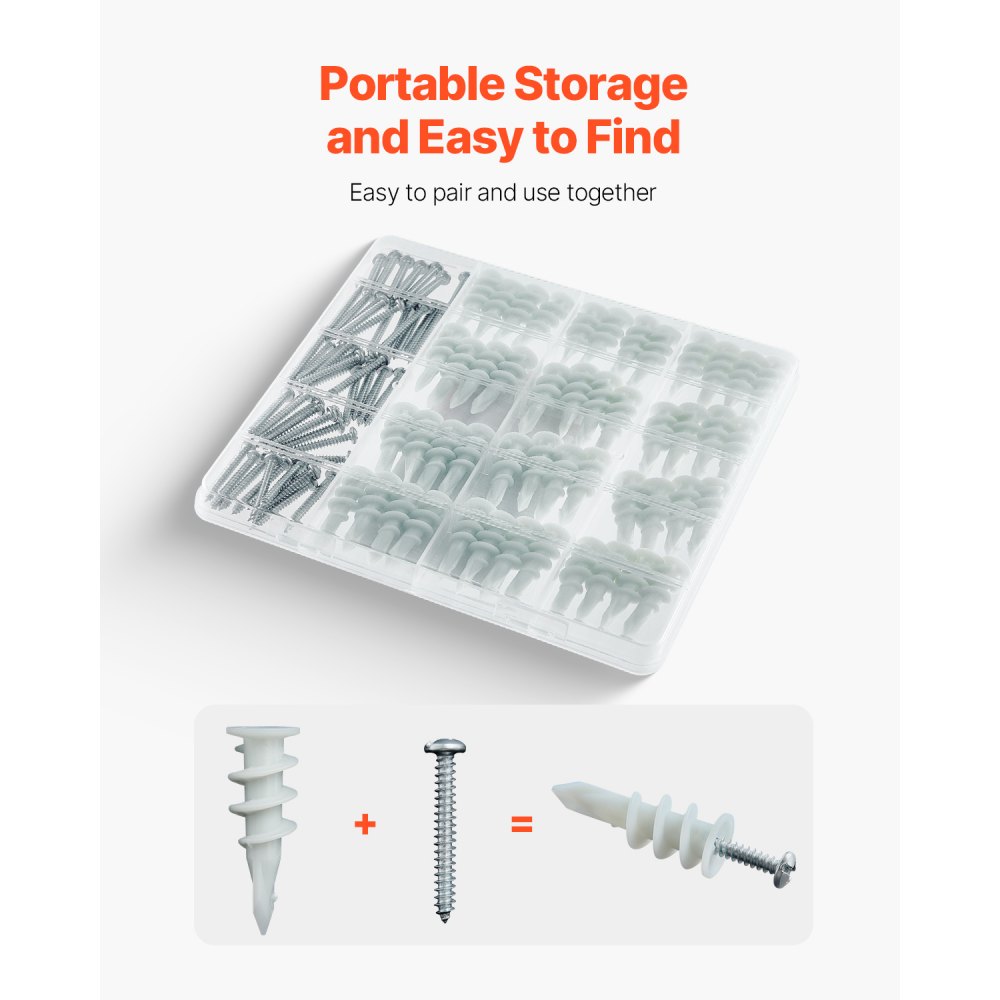 VEVOR Self Drilling Drywall Anchors, 100 PCS Dry Wall Anchors and Screws, Drywall Anchors Kit with Screws, No Drill Hole Required Nylon Plastic Wall Anchors and Heavy Duty Metal Screws, for Drywall