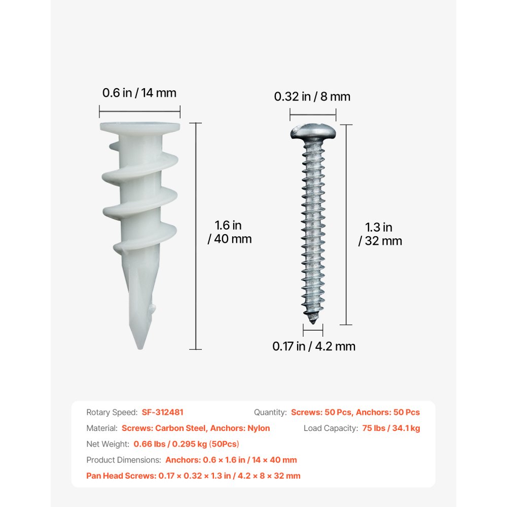VEVOR Self Drilling Drywall Anchors, 100 PCS Dry Wall Anchors and Screws, Drywall Anchors Kit with Screws, No Drill Hole Required Nylon Plastic Wall Anchors and Heavy Duty Metal Screws, for Drywall