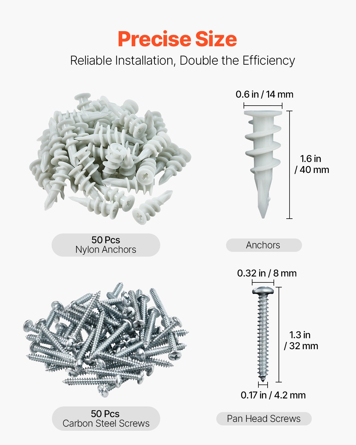 VEVOR Self Drilling Drywall Anchors, 100 PCS Dry Wall Anchors and Screws, Drywall Anchors Kit with Screws, No Drill Hole Required Nylon Plastic Wall Anchors and Heavy Duty Metal Screws, for Drywall