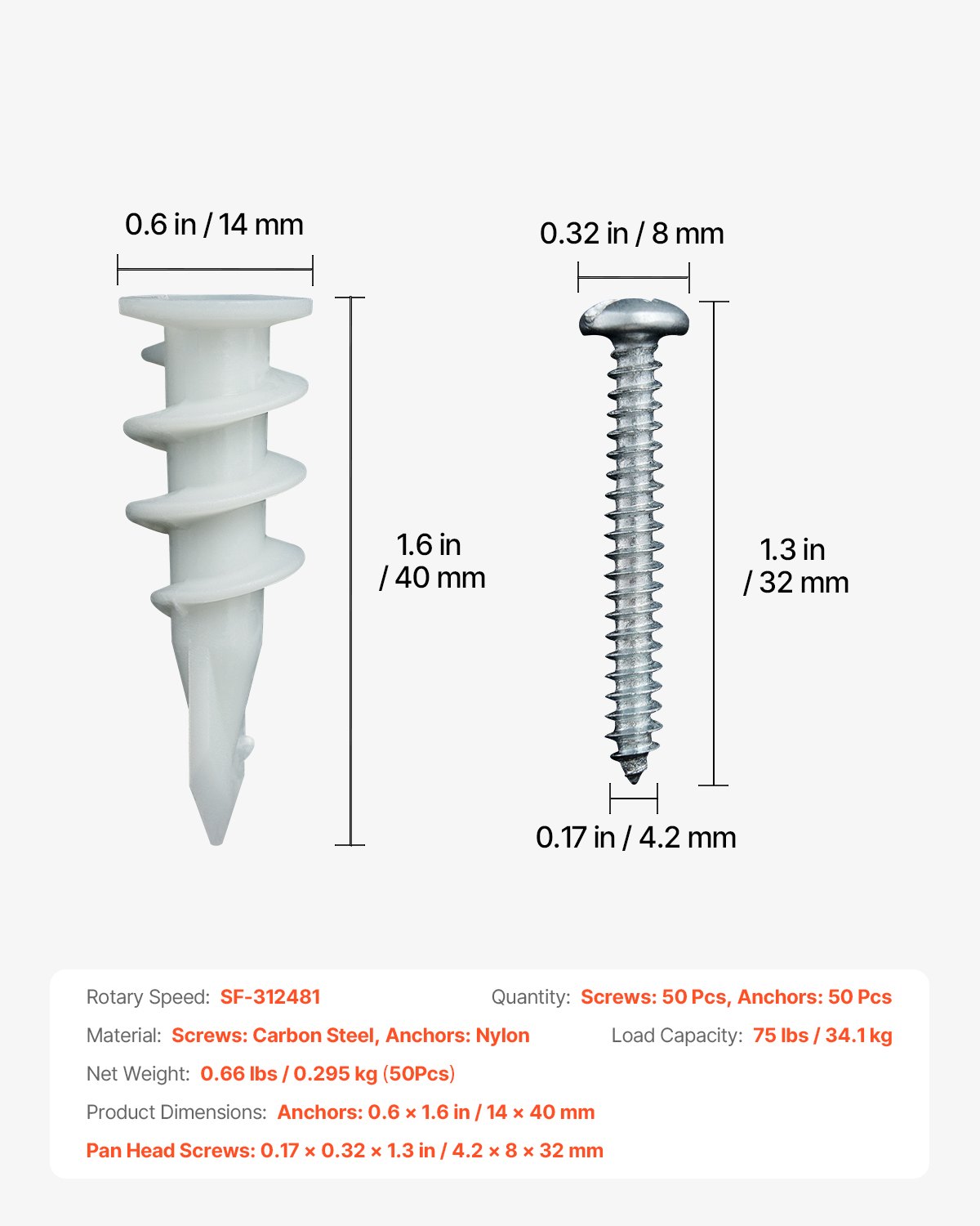 VEVOR Self Drilling Drywall Anchors, 100 PCS Dry Wall Anchors and Screws, Drywall Anchors Kit with Screws, No Drill Hole Required Nylon Plastic Wall Anchors and Heavy Duty Metal Screws, for Drywall