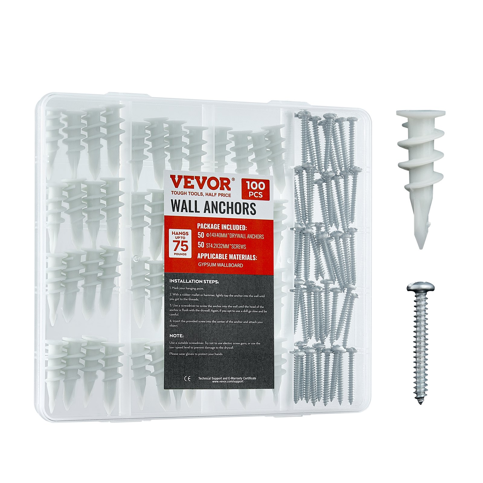 VEVOR Self Drilling Drywall Anchors, 100 PCS Dry Wall Anchors and Screws, Drywall Anchors Kit with Screws, No Drill Hole Required Nylon Plastic Wall Anchors and Heavy Duty Metal Screws, for Drywall