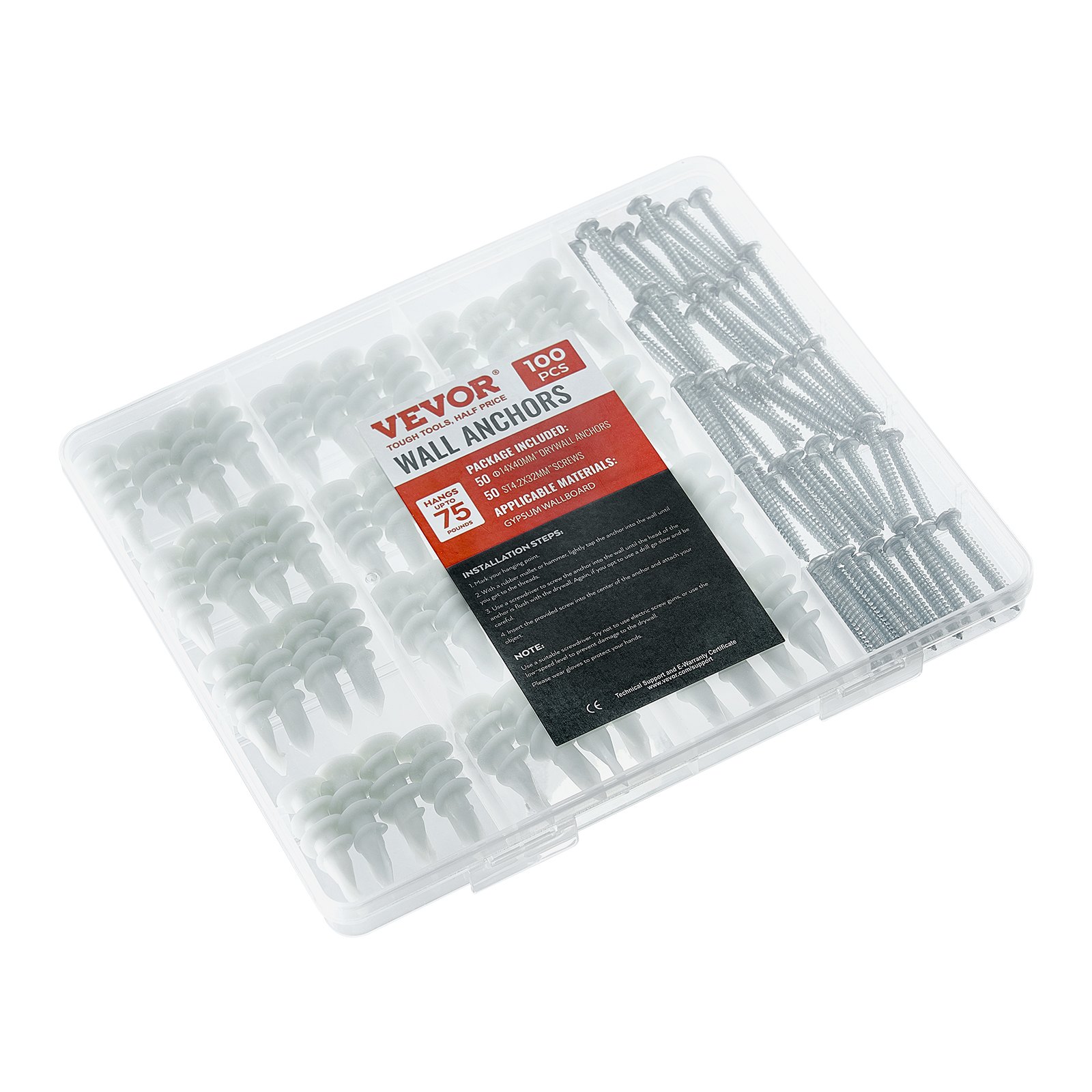 VEVOR Self Drilling Drywall Anchors, 100 PCS Dry Wall Anchors and Screws, Drywall Anchors Kit with Screws, No Drill Hole Required Nylon Plastic Wall Anchors and Heavy Duty Metal Screws, for Drywall