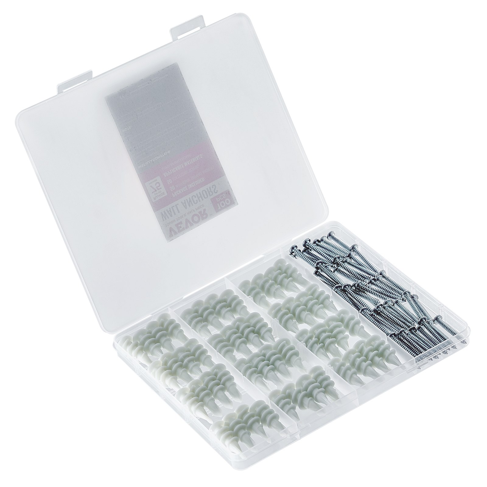 VEVOR Self Drilling Drywall Anchors, 100 PCS Dry Wall Anchors and Screws, Drywall Anchors Kit with Screws, No Drill Hole Required Nylon Plastic Wall Anchors and Heavy Duty Metal Screws, for Drywall